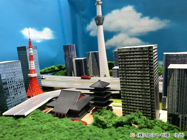 TBSのジオラマの東京タワーとスカイツリーを撮影した写真